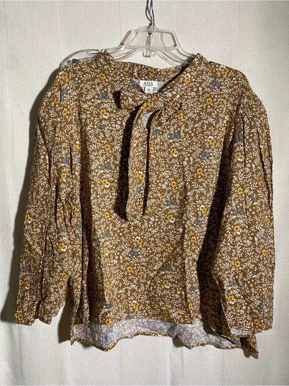 a.n.a Brown Floral Tie-Neck Blouse with Blue & White Accents